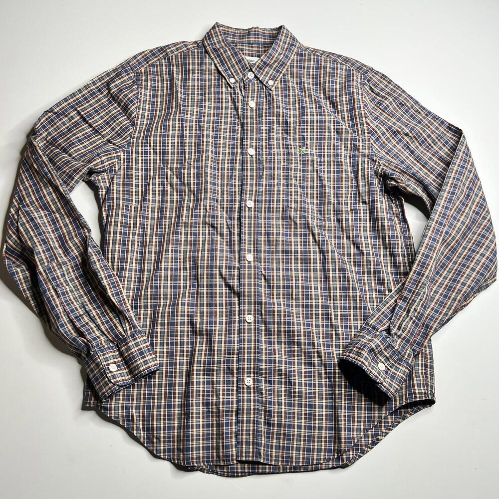 Lacoste Shirt Mens 40 Blue Plaid Long Sleeve Button Down Regular Fit Casual